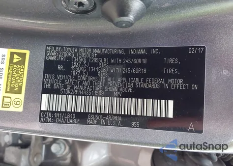 2017 Toyota Highlander Xle z USA, uszkodzony, nr VIN 5TDKZRFH4HS511509